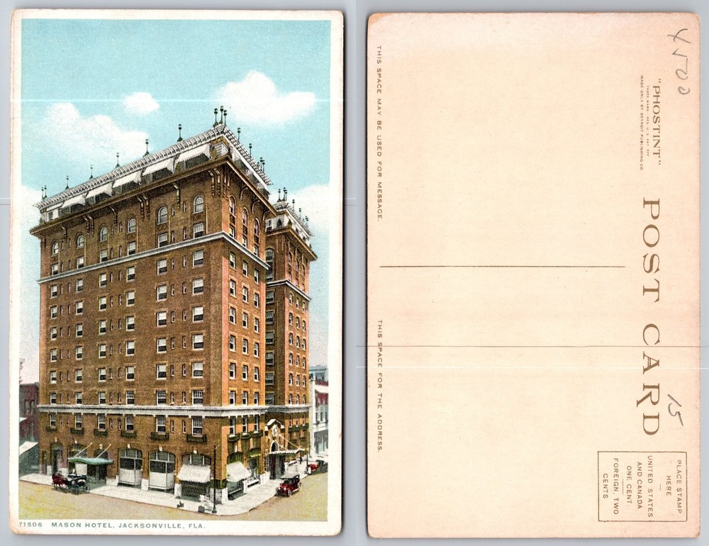 Mason Hotel Jacksonville FL Phostint Postcard Detroit Publishing Early 1900s