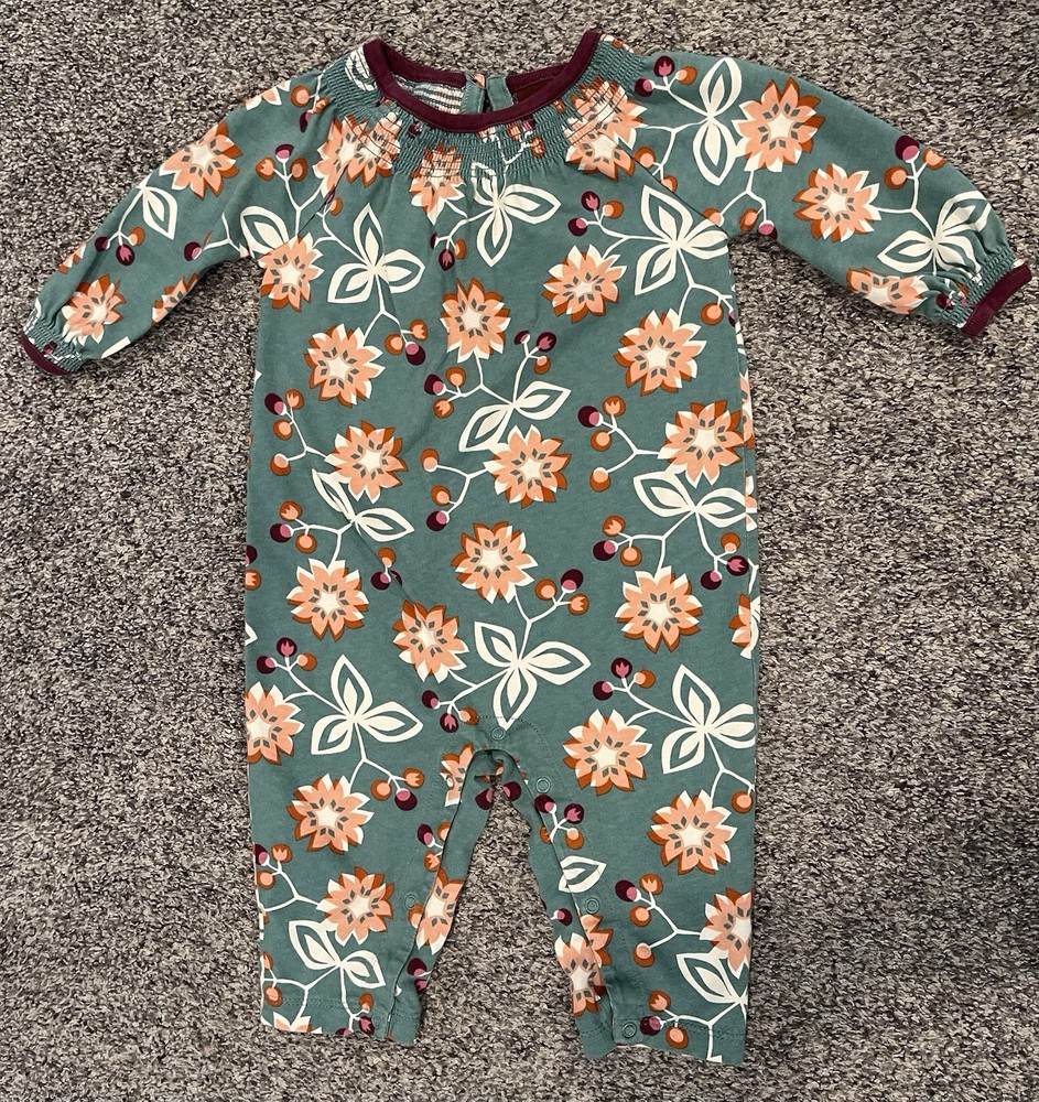 Boutique Tea Brand Baby Girl Romper Size 3-6 Months Teal With Floral Design