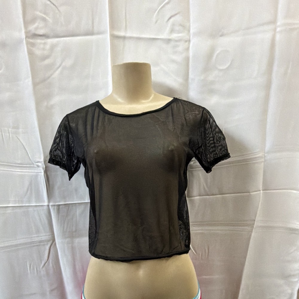 Cheryl Creations Black Nylon Mesh Lace Top, Short Sleeve Round Neck Sheer M