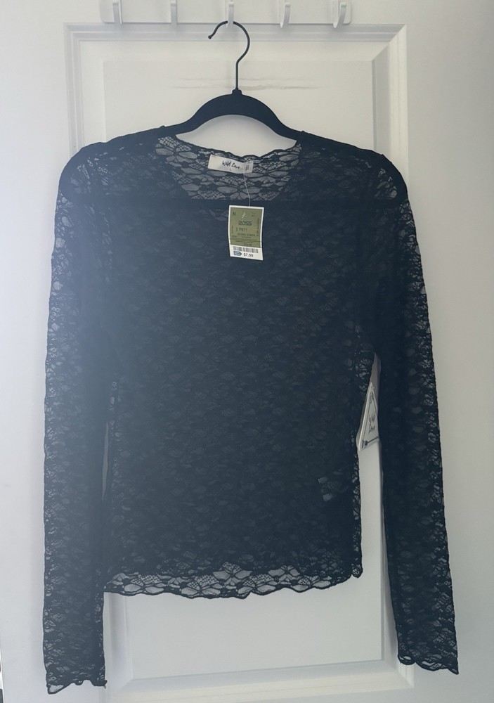 Floral Lace Long Sleeve Sheer Black Top Size Large New with Tags