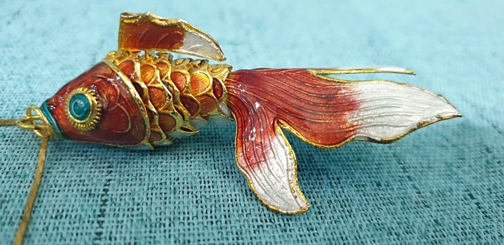 Vintage Cloissonne Orange Enamel Articulated Koi Fish 22