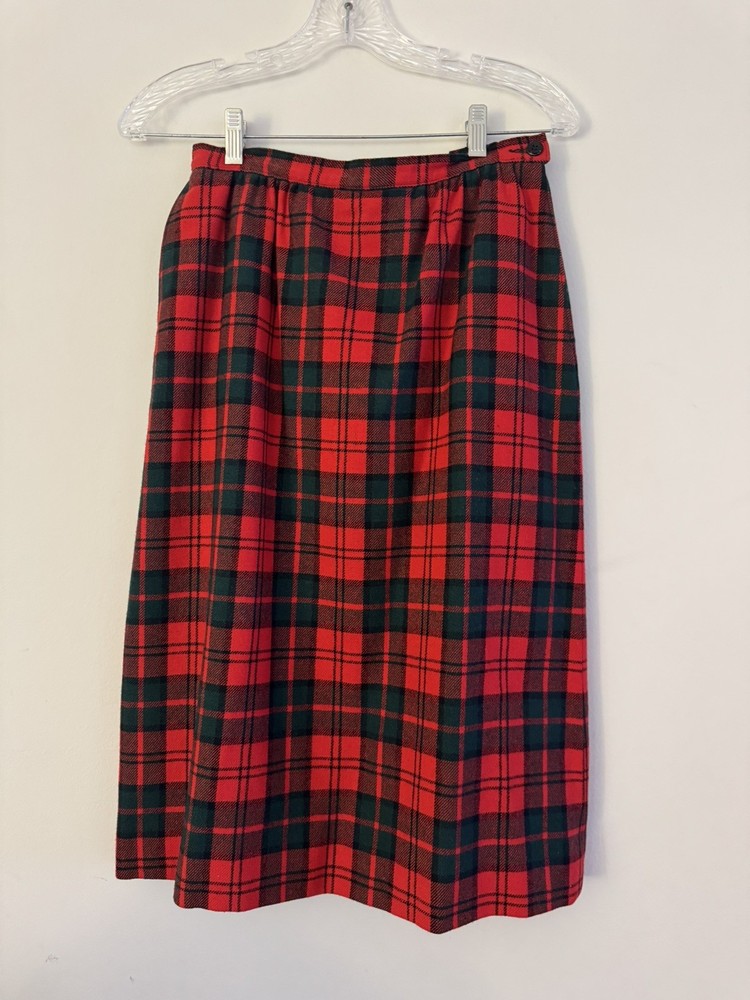 vintage Pendleton virgin wool plaid midi skirt A-line, side zipper, pockets sz8