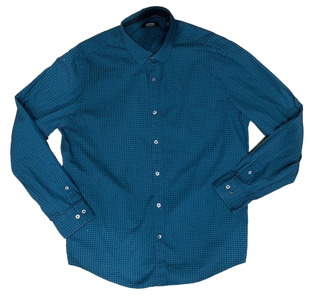 Alfani Mens Long Sleeve Blue Button Down Shirt Diamond Print Gem Size Large