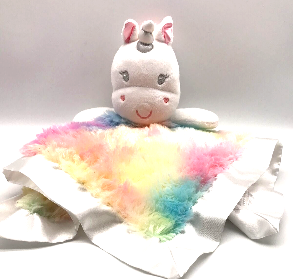Rainbow Unicorn Satin Trim Lovey Security Blanket for Babies