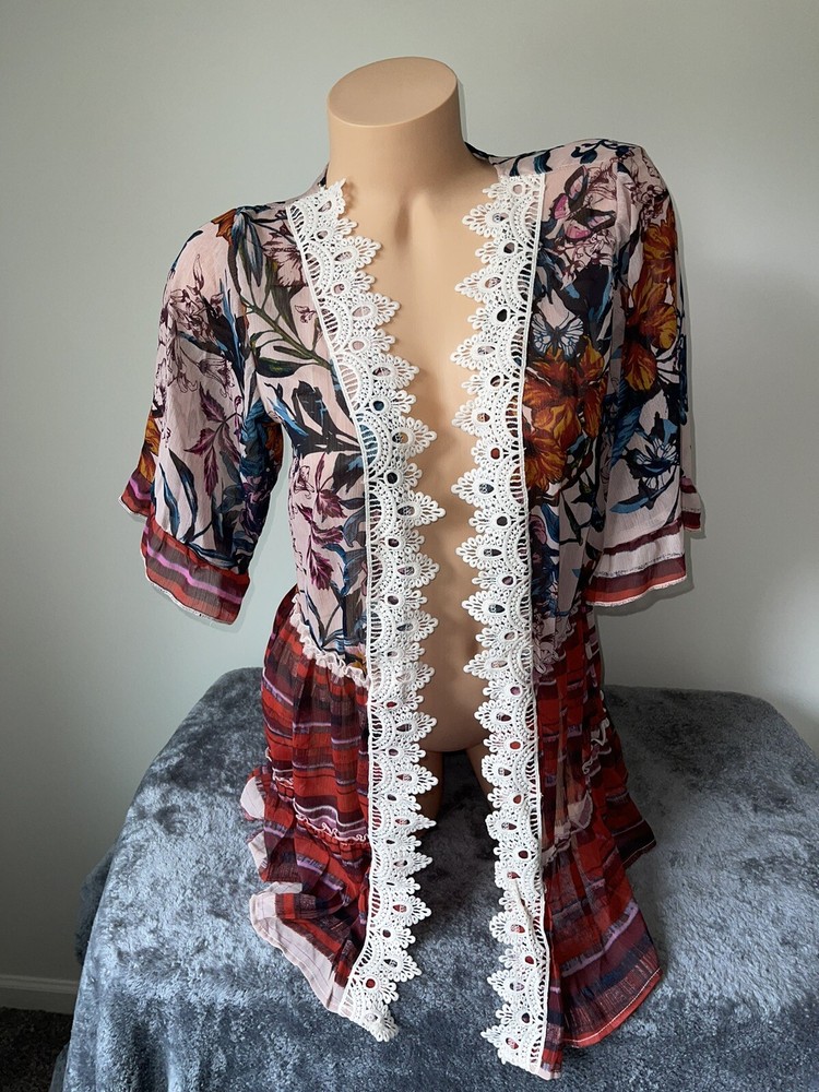 Tru Self duster Women's S Open Front Cardigan sheer floral lace trim jacket