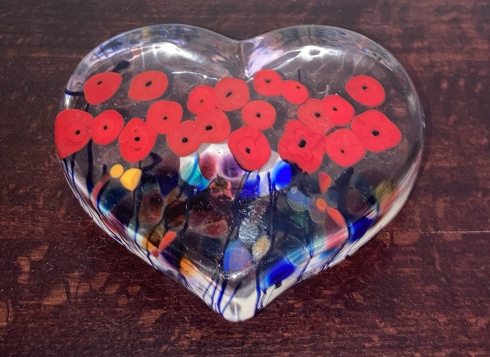 Robert Held Signed California Poppies Art Glass Heart Paperweight