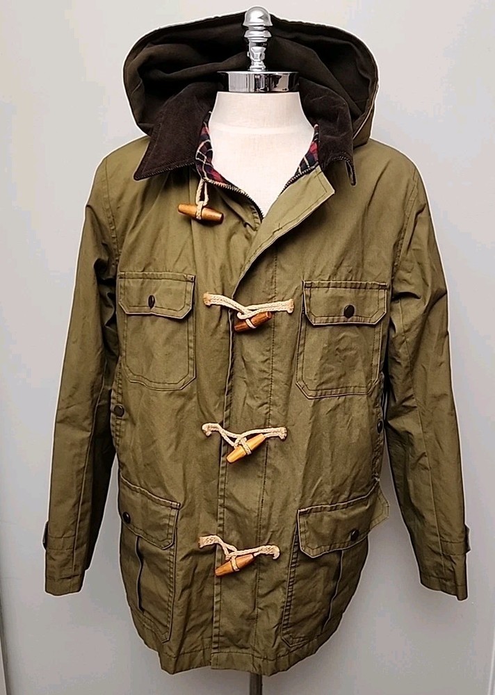 Gloverall Duffle Green Wool Blend Hooded Overcoat Size 42 Plaid Lining