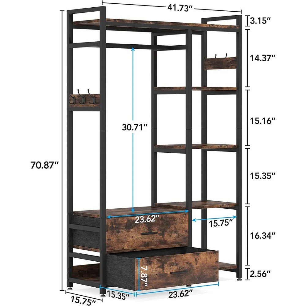 Freestanding Brown Closet Organizer with 2 Drawers and Shelves