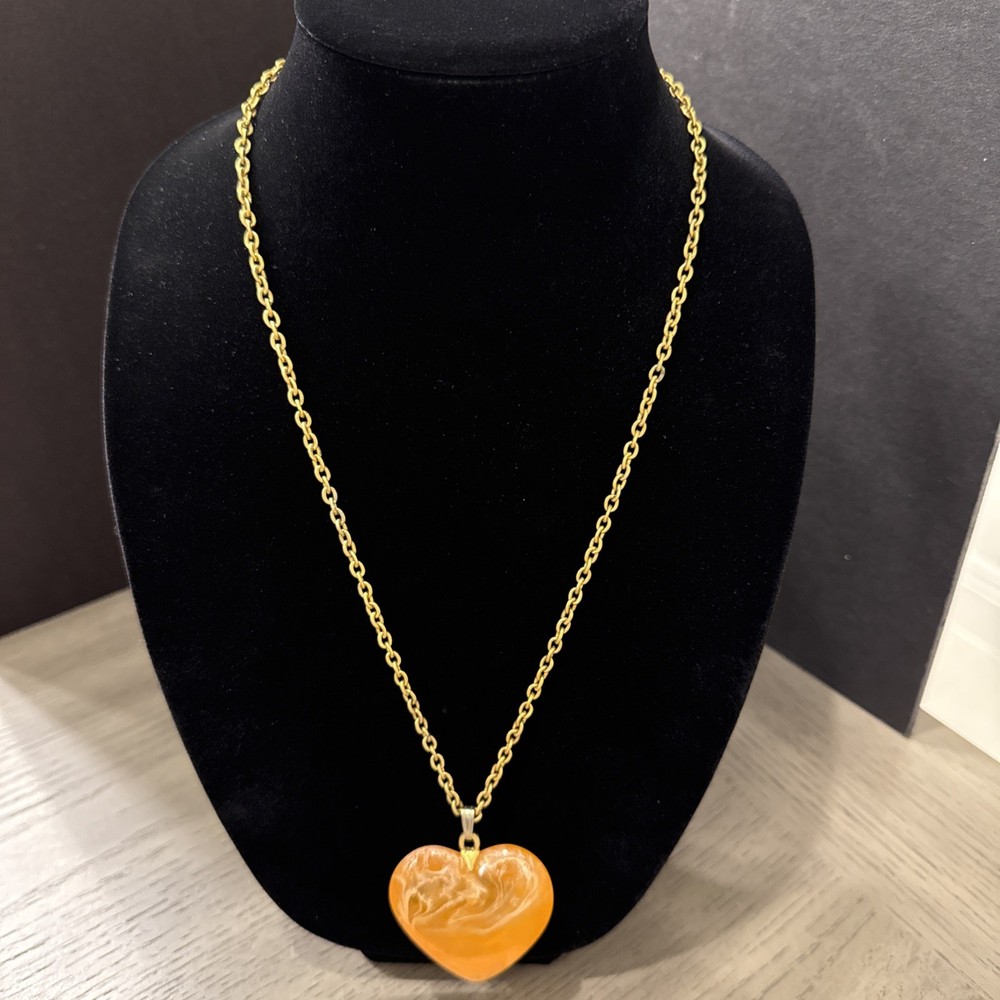 VTG 1970s Art Glass Orange Puff Heart Necklace W/ Textured Gold Tone Chain