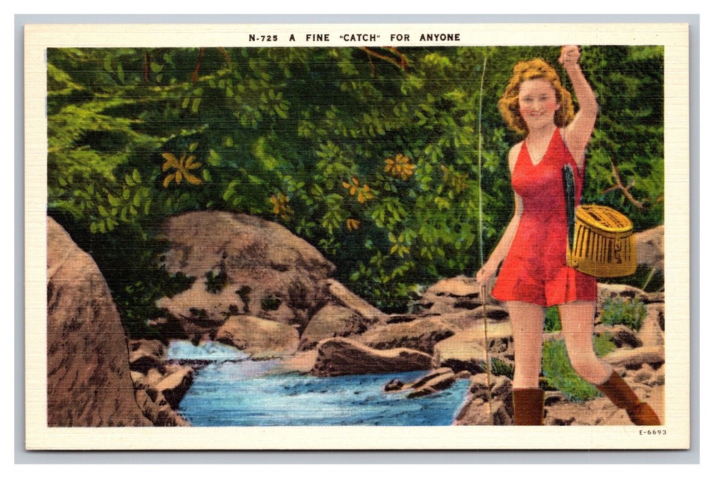 N725 A Fine Catch Trout Fishing Stream Creel Woman Unposted Linen Postcard