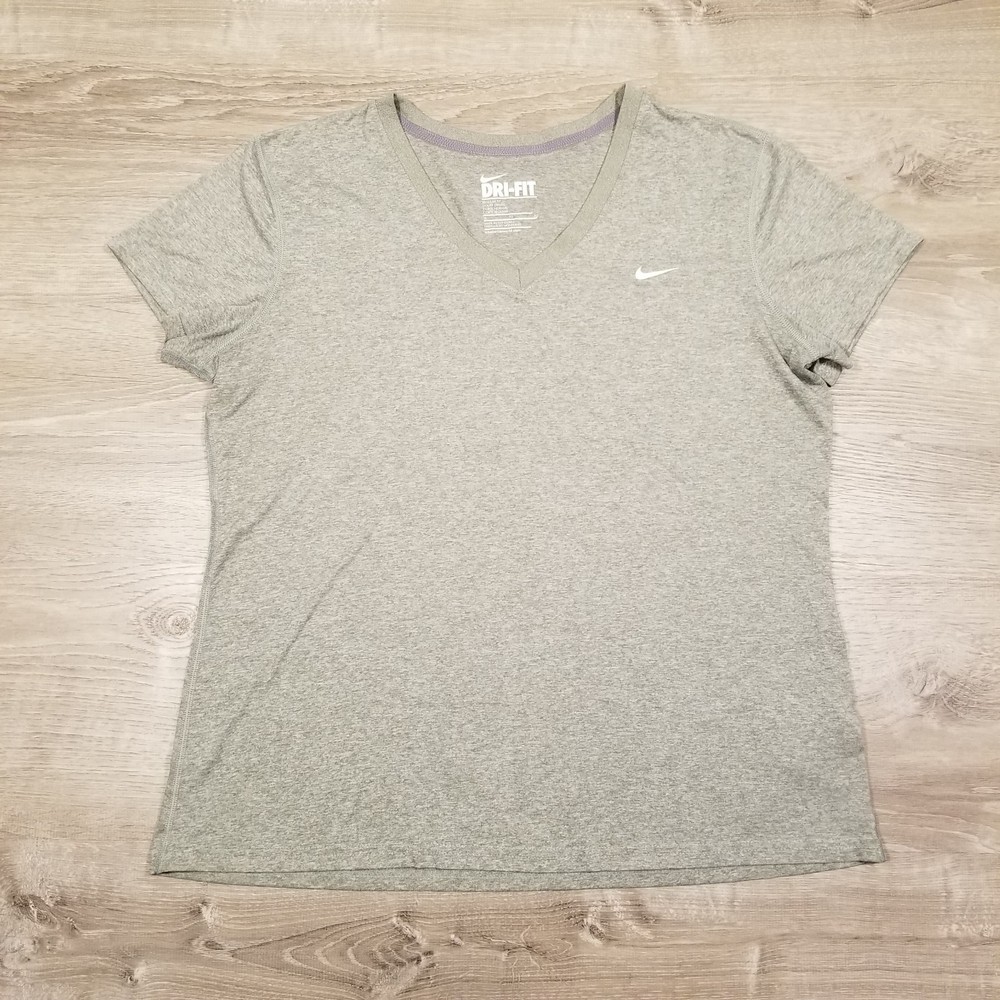 Nike Womens T Shirt Size XL Gray White Swoosh Dri-Fit V Neck
