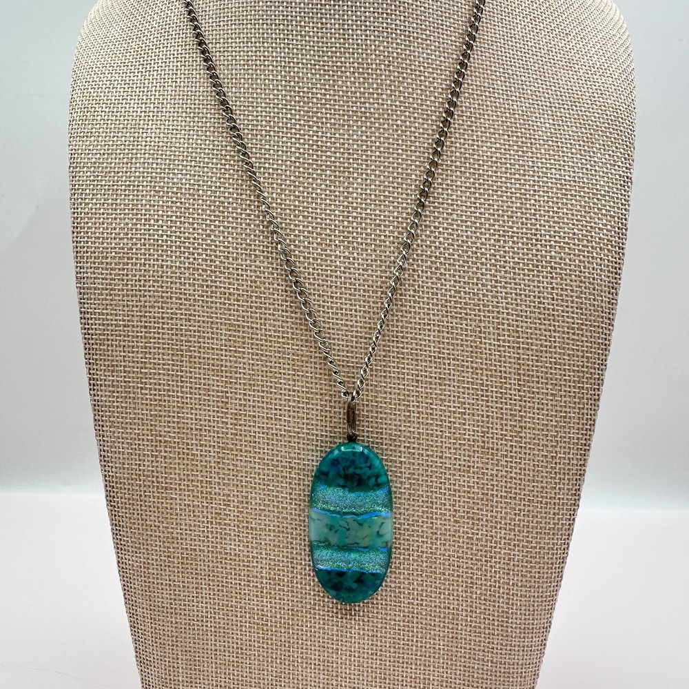 Vintage 90s Dichroic Art Glass Pendant Silver Tone Necklace Boho Fashion Jewelry