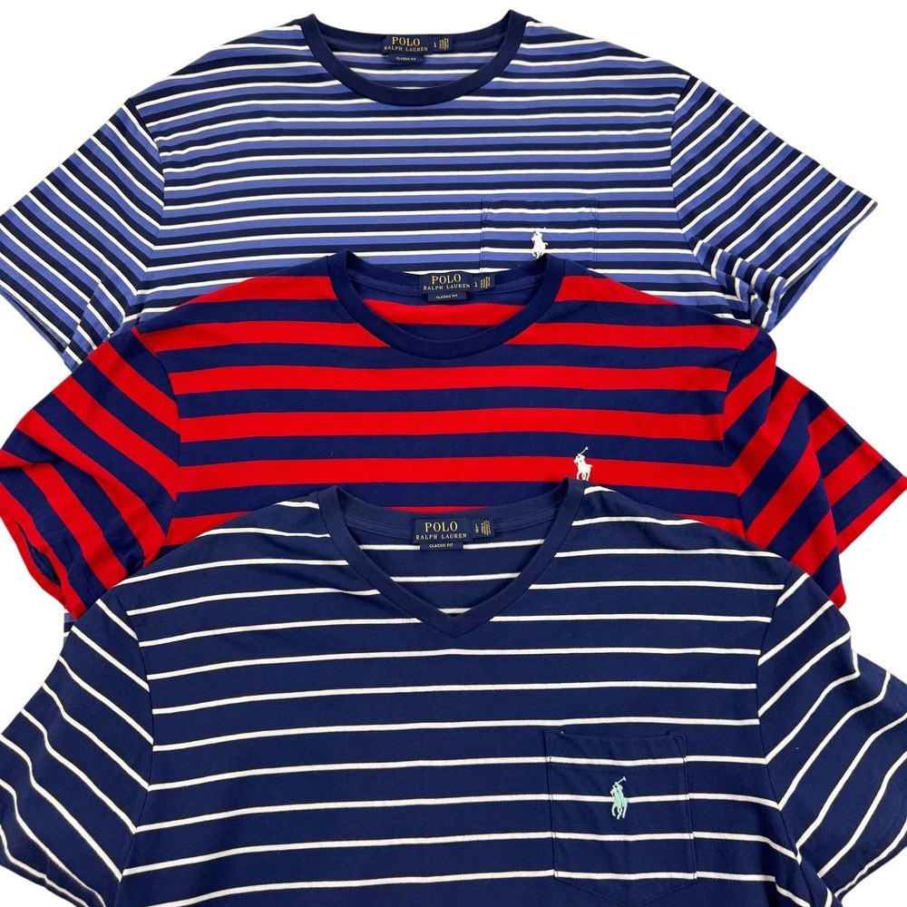 Polo Ralph Lauren Shirt 3 Shirt Lot Mens XL Blue Striped Classic Fit Cotton Tees