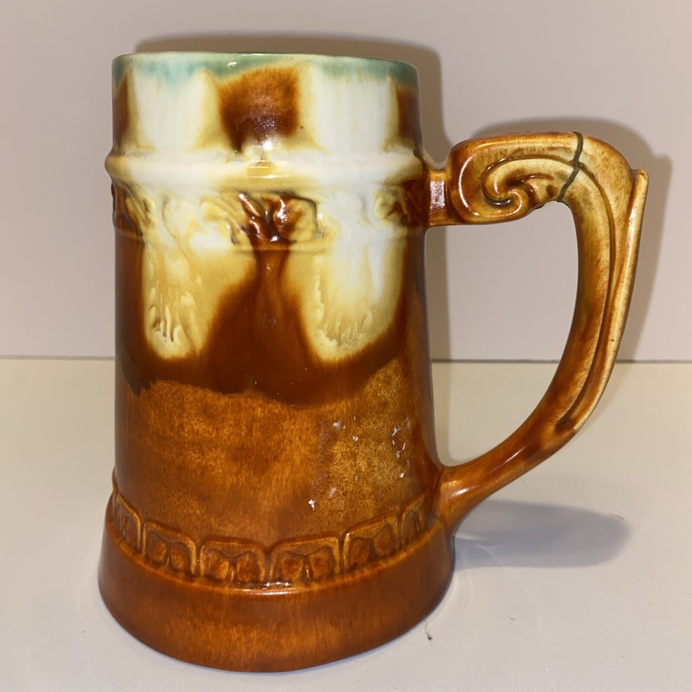 Vintage Brown Green Ceramic Beer Stein Holland Mold Pottery Tankard