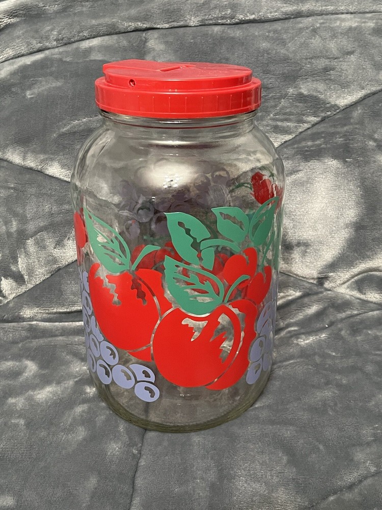 VTG Anchor Hocking Large Fruit Pattern “Sun Tea” Gallon Glass Jar w/ Pouring Lid