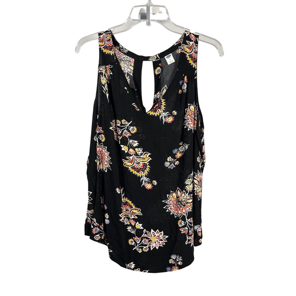 Old Navy Black Floral Print V Neck Sleeveless Tank Top Women's Size L