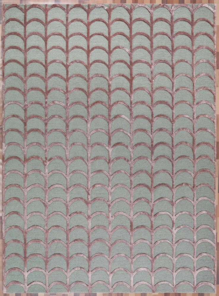 Hand Tufted Wool Area Rug Green Pink Scallop Pattern Modern Handmade Carpet
