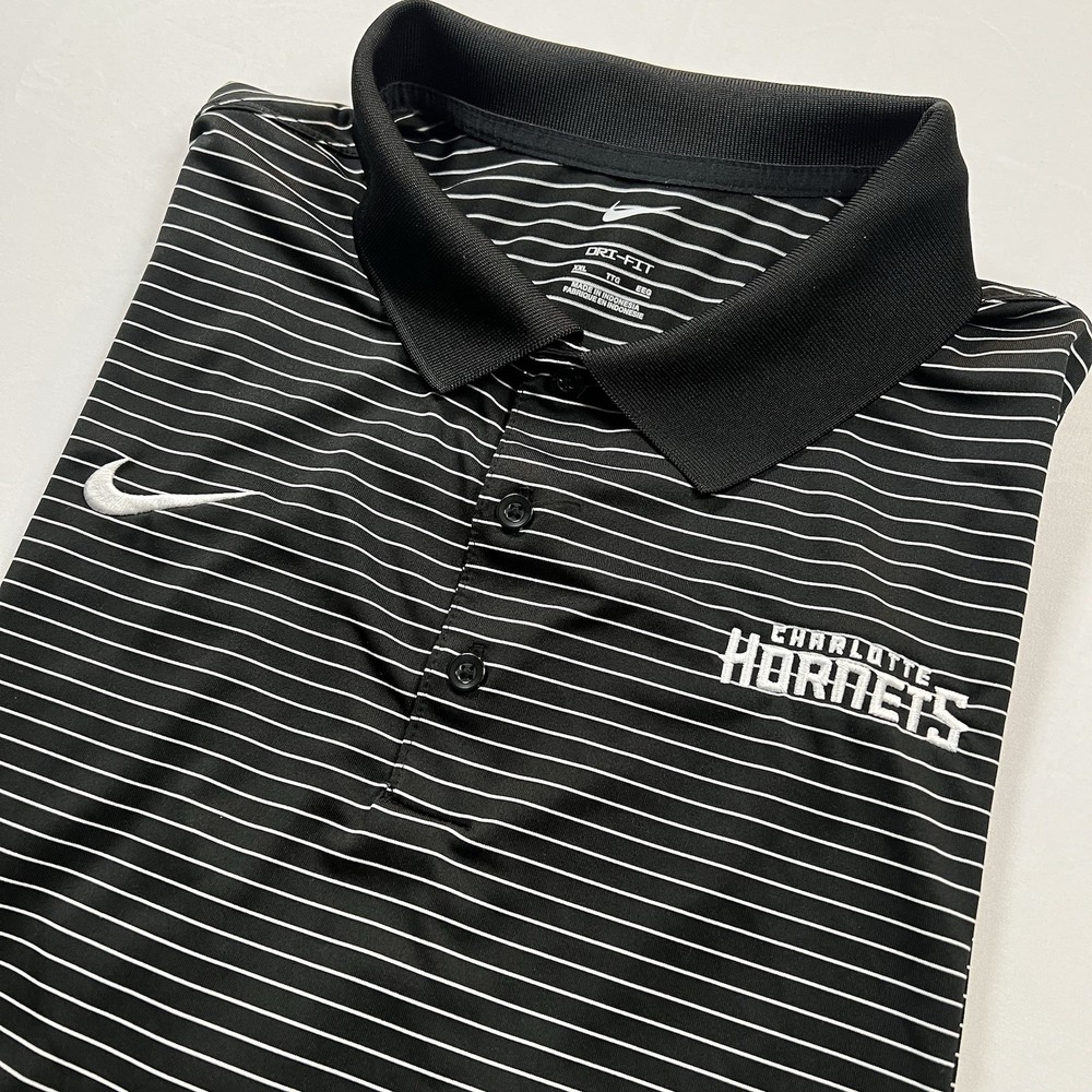 Nike Charlotte Hornets NBA Black White Stripe Dri-fit Polo Shirt Men’s XXL EUC