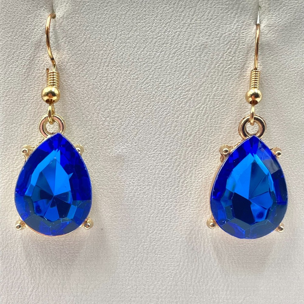 Vintage Y2K Cobalt Blue Faceted Glass Teardrop Dangle Earrings Gold Tone Retro