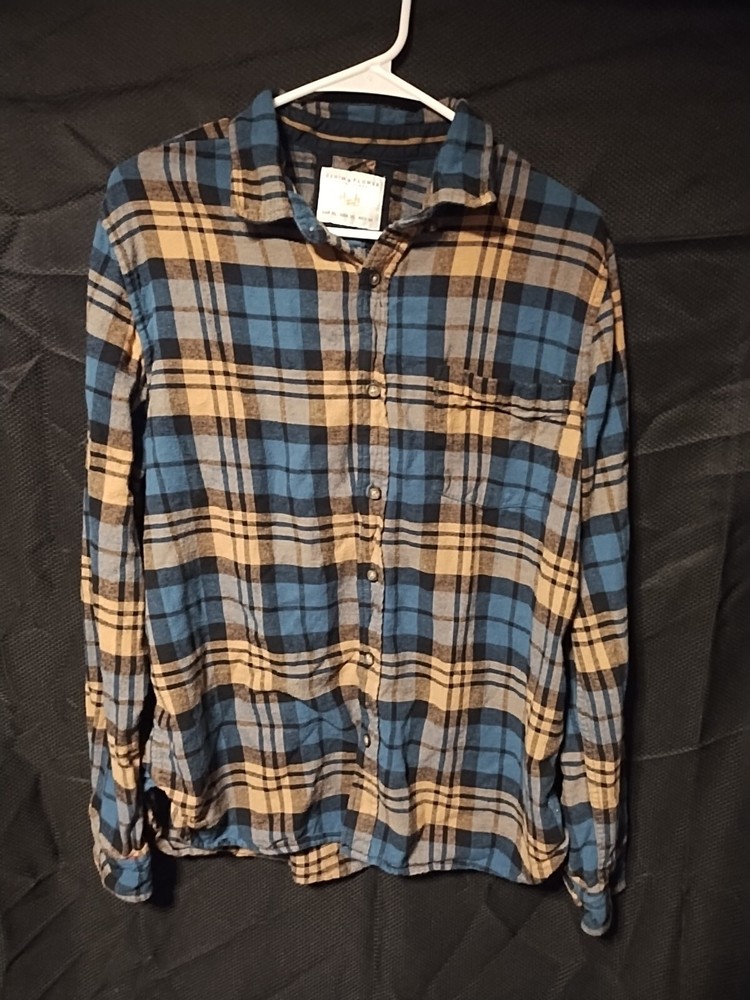 Denim & Flower Mens XL  Blue & Tan Plaid Flannel Button-Up Shirt
