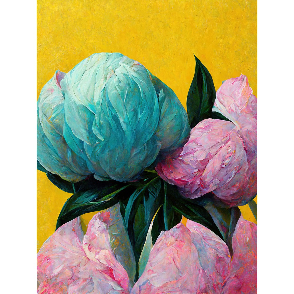 Elegant Peony Floral Yellow Blue Pink Huge Wall Art Poster Print Giant