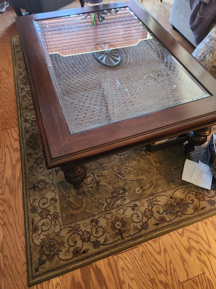 Rectangular Dark Wood and Glass Coffee Table with Eggshell Finish