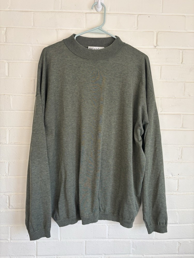 St Croix Knits Mock Neck Sweater Men's XL Green Thin Cotton Blend USA Made
