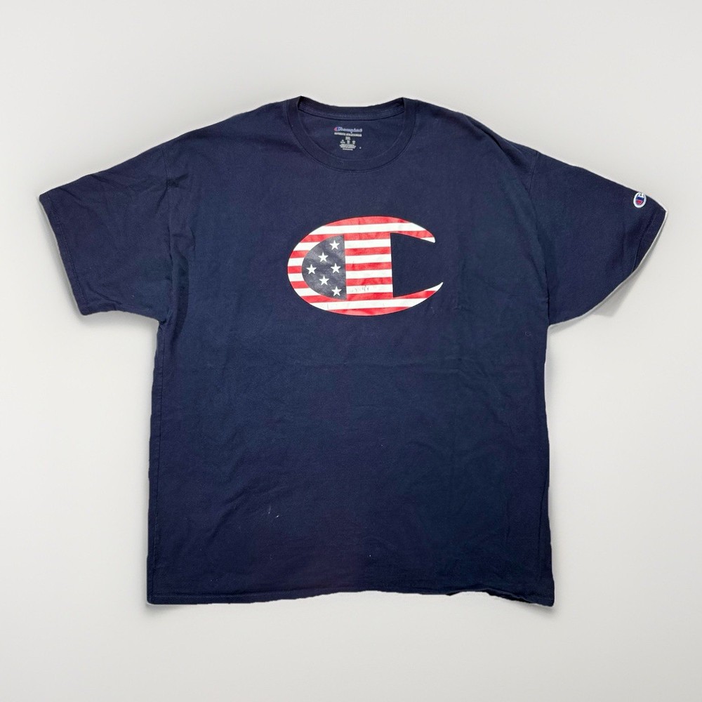 Champion Shirt Mens 2XL XXL Black American Flag Logo Graphic Short Sleeve