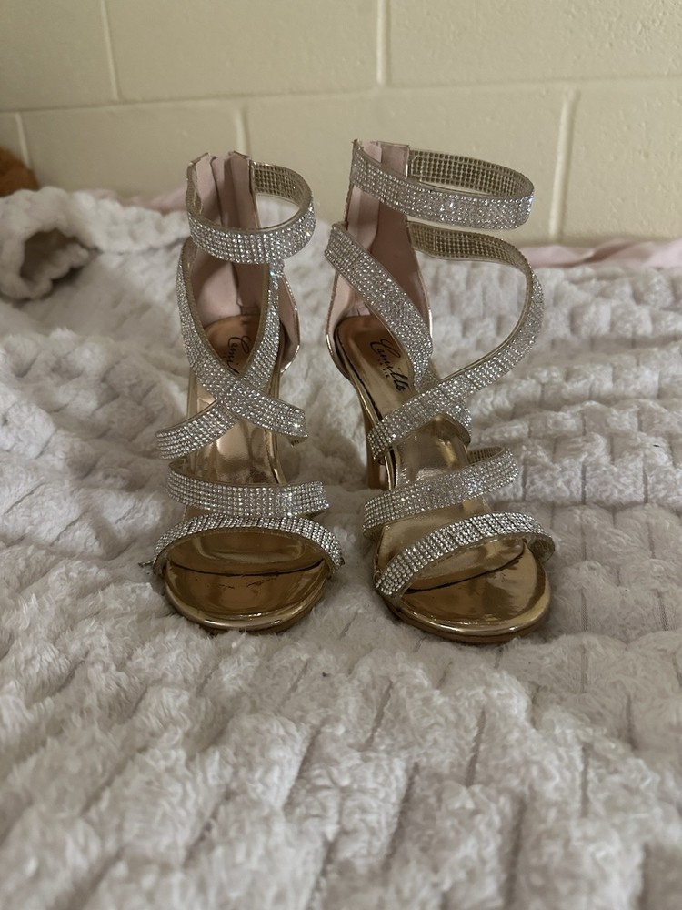 Rose gold Camille Le Vie heels with bejeweled ankle strap