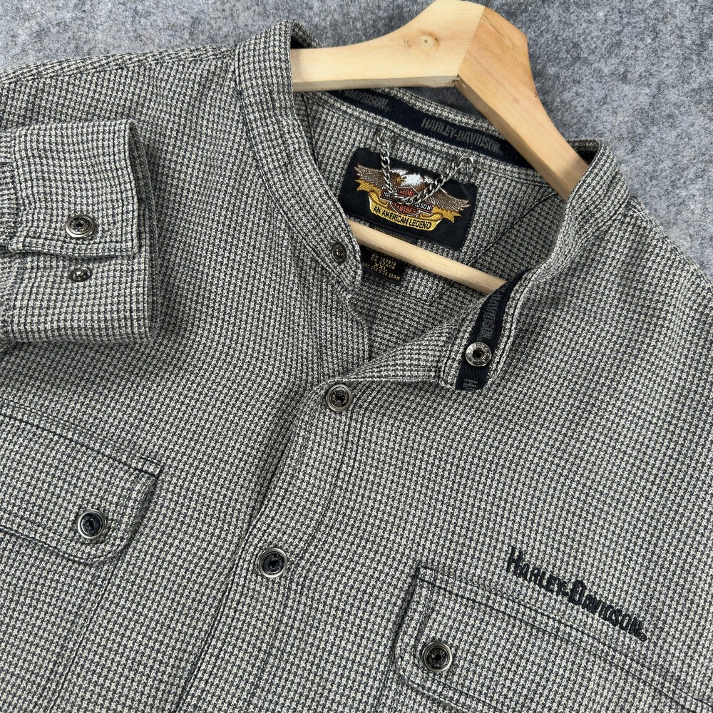 Harley-Davidson Shirt Mens 2XL Gray Black Houndstooth Snap Front Long Sleeve