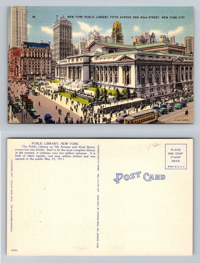 New York City NY, Public Library 5th Avenue and 42nd Street Vintage Postcard