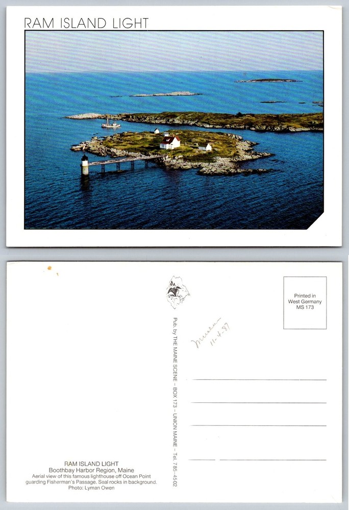 Vintage Ram Island Light Maine Postcard Boothbay Harbor Lighthouse Aerial View