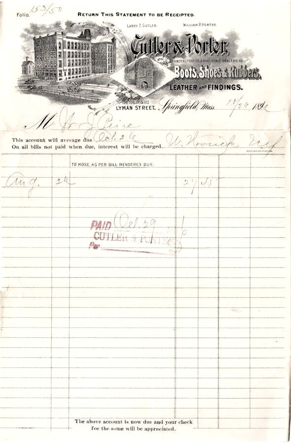 Culler & Porter Boots, Shoes & Rubbers, Springfield, Mass Billhead, 10/26 1896