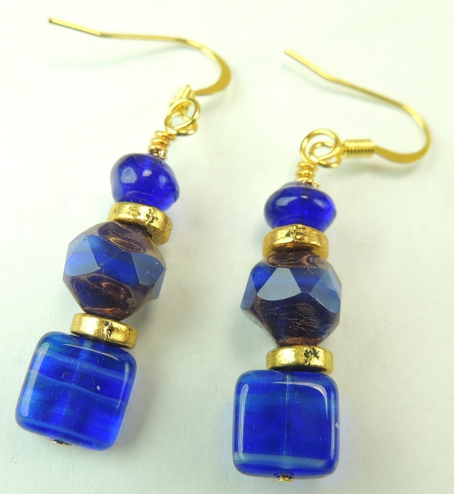 Royal Blue Czech Beads  Earrings Handmade Jewelry
