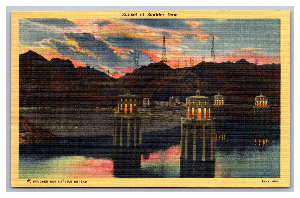 Boulder City NV Boulder Dam (Hoover Dam) Sunset Linen Postcard