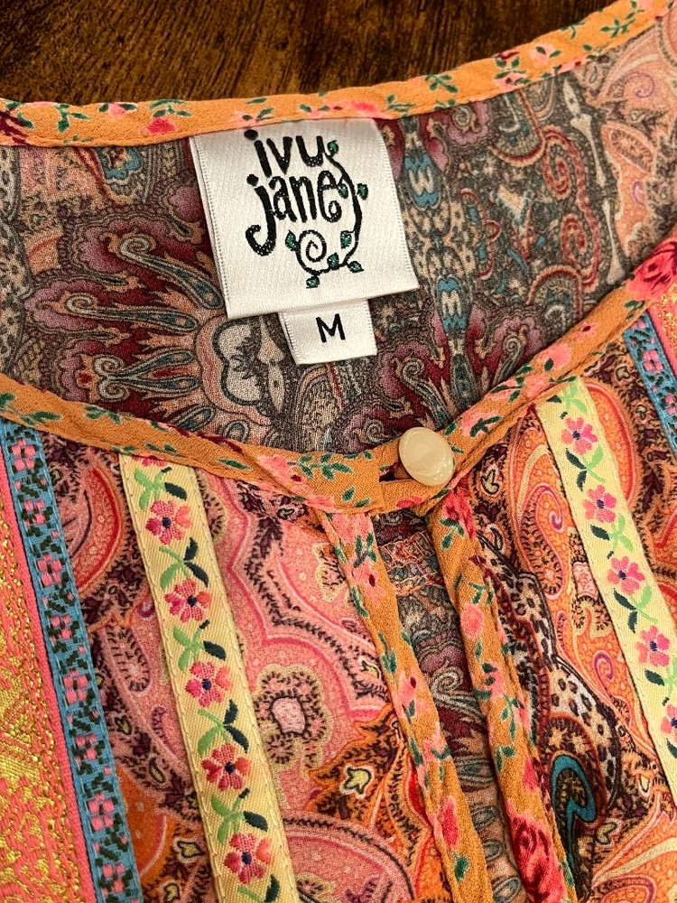 Ivy Jane Womens Orange Tone Floral Print w/waterfall hem back, tiered lace, M