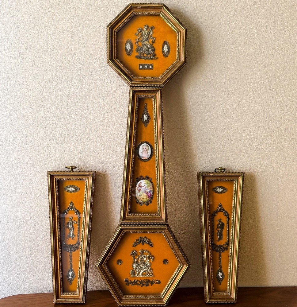 Vintage Hollywood Regency Fragonard Limoges Cameo Wall Art Set 3 Gold Tone