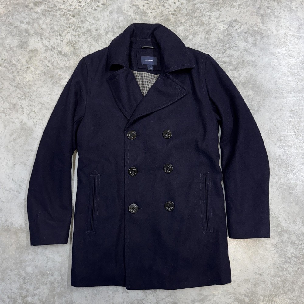Lands End Coat Mens Small Blue Wool Pea Coat Button Front Lined Winter Warm