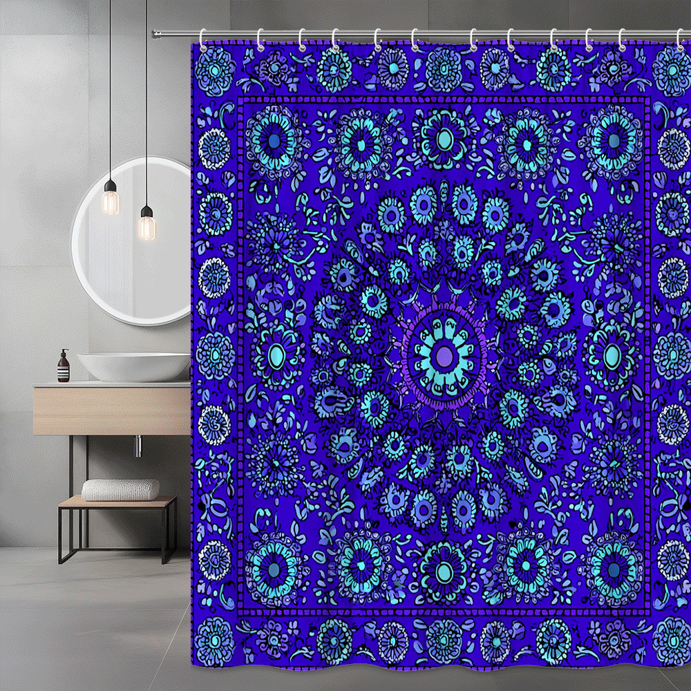 Blue Purple Floral Mandala Shower Curtain, Boho Pattern