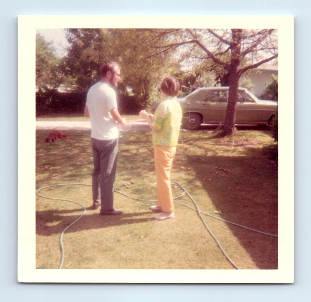 Old Vintage Square Color Photo MAN WOMAN COUPLE IN YARD CAR IN DRIVEWAY