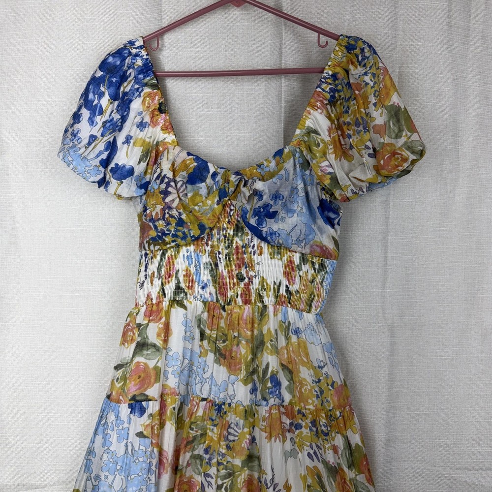 THML Dress Womens Medium Multicolor Floral Smocked Puff Sleeve Maxi Boho