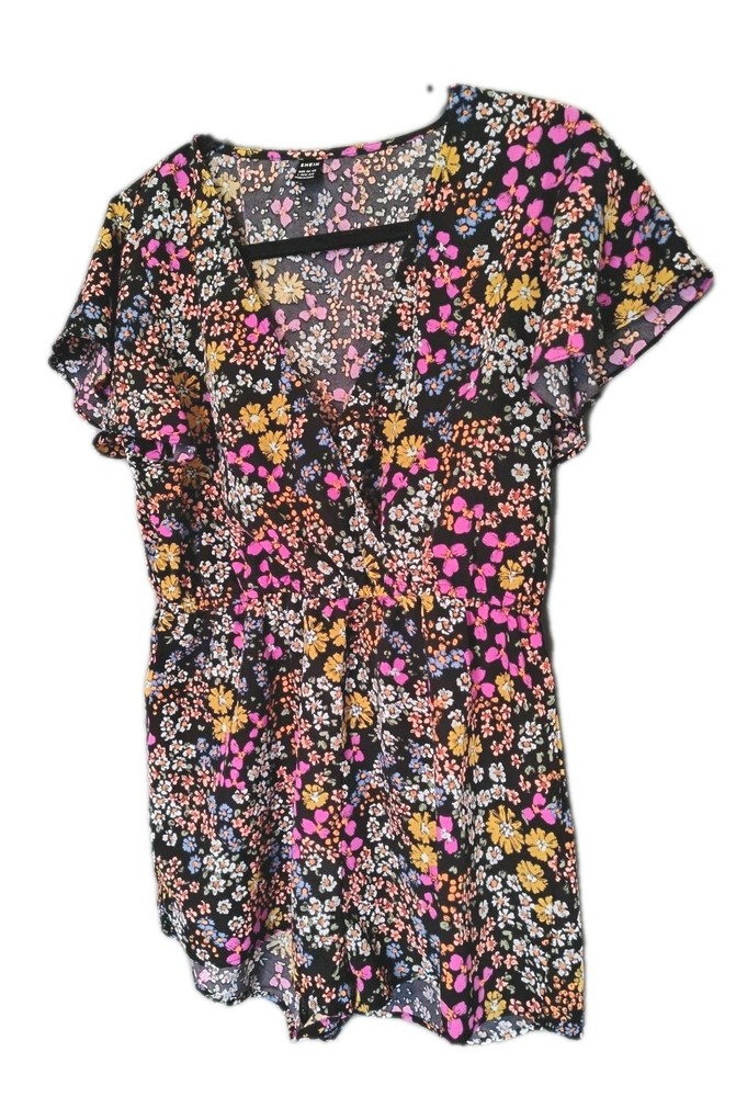 SHEIN Black Floral V-Neck Short Sleeve Ruffle Romper Women’s Size M Regular 8/10