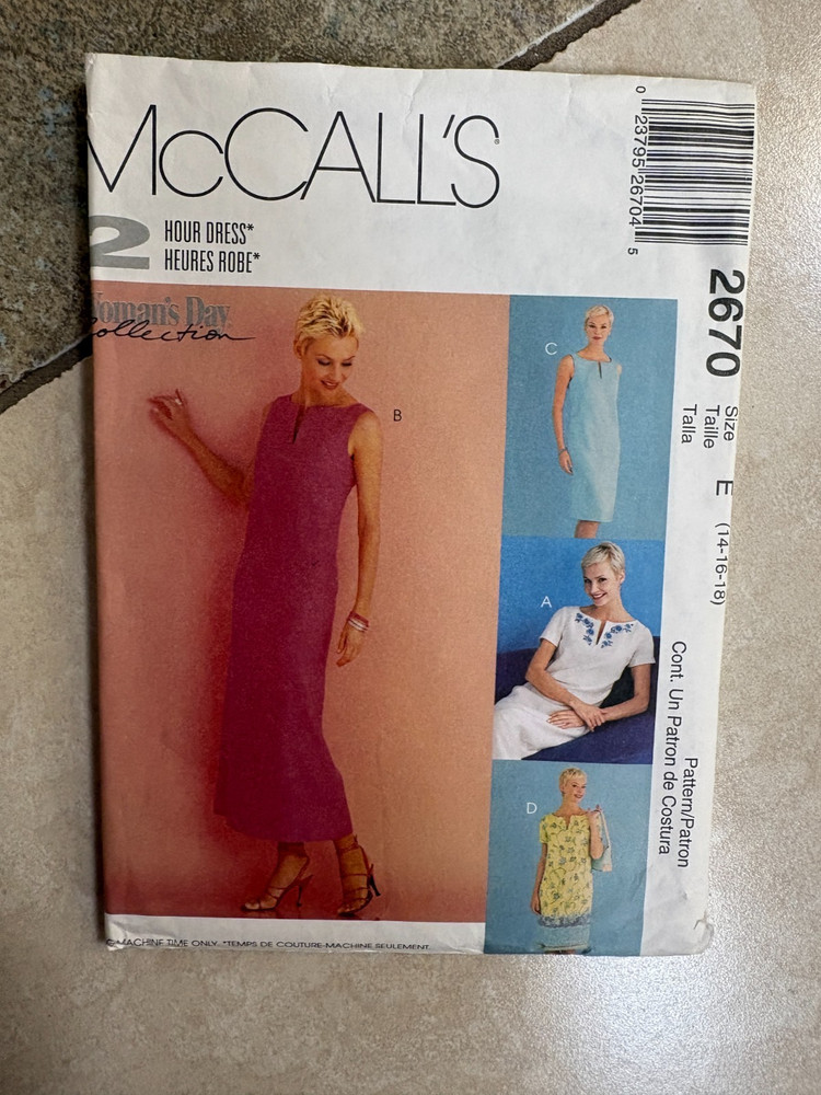 McCalls 2670 sewing pattern: 2-hour Easy Dress/Tunic, Misses 14-16 UNCUT