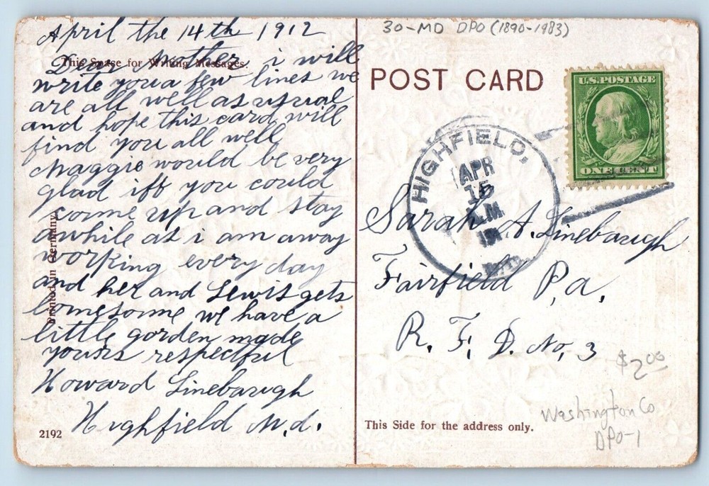DPO (1890-1983) Highfield MD Postcard Happy Birthday Message Clover Flowers 1912