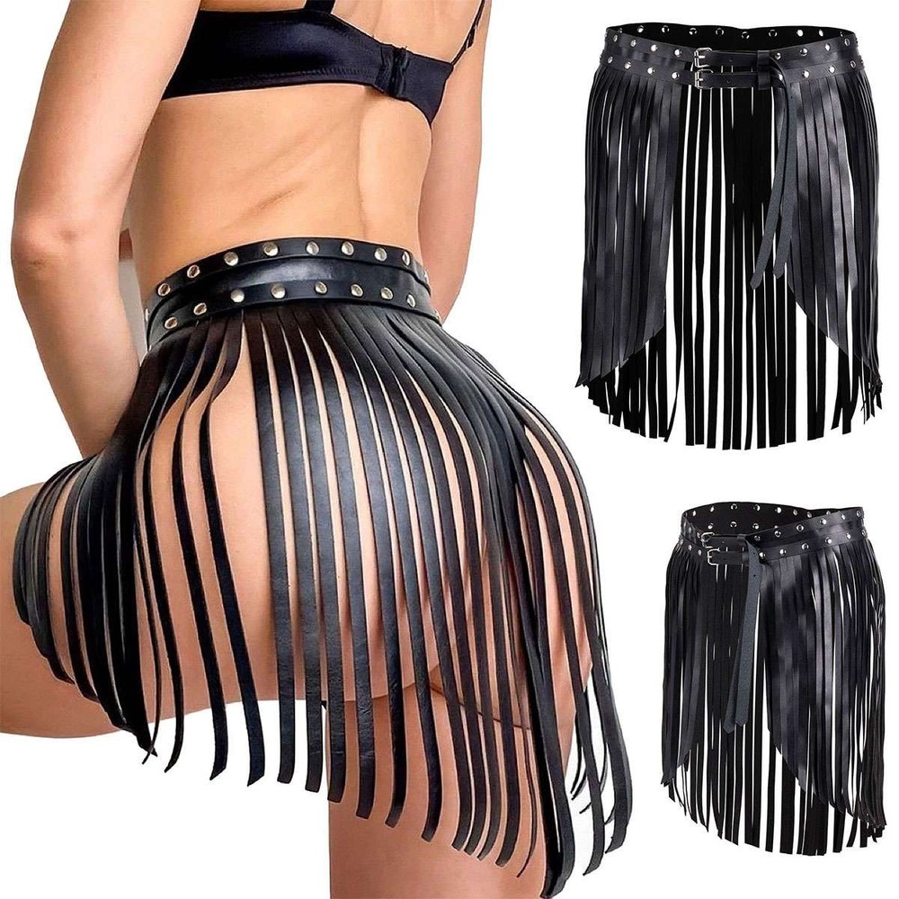 Adjustable Women's Faux Leather Long Fringe Tassel Skirt Belt Waistband Clubwear