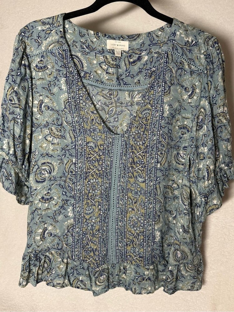 Lucky Brand Blue Floral Print V-Neck Peasant Top - Size XL