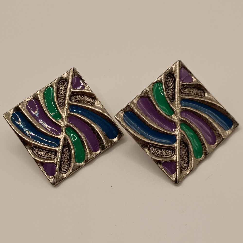 Vintage 80s Geometric Enamel Post Earrings Blue Green Purple Swirl  Silver Tone