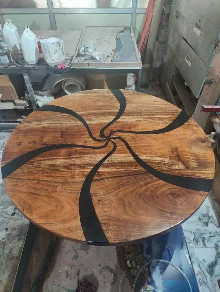 Acacia Wood Black Epoxy Coffee Table Round Live Edge Countertop Desk Luxury Top-image