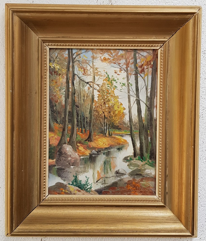Beautiful Oil Painting Artwork With Frame Landscape Forest River Autumn