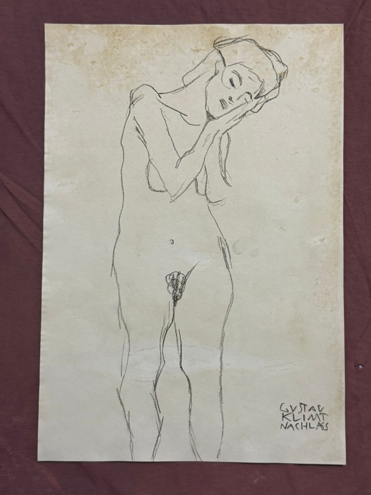 GUSTAV KLIMT  drawing and painting on old paper signed stamped vintage